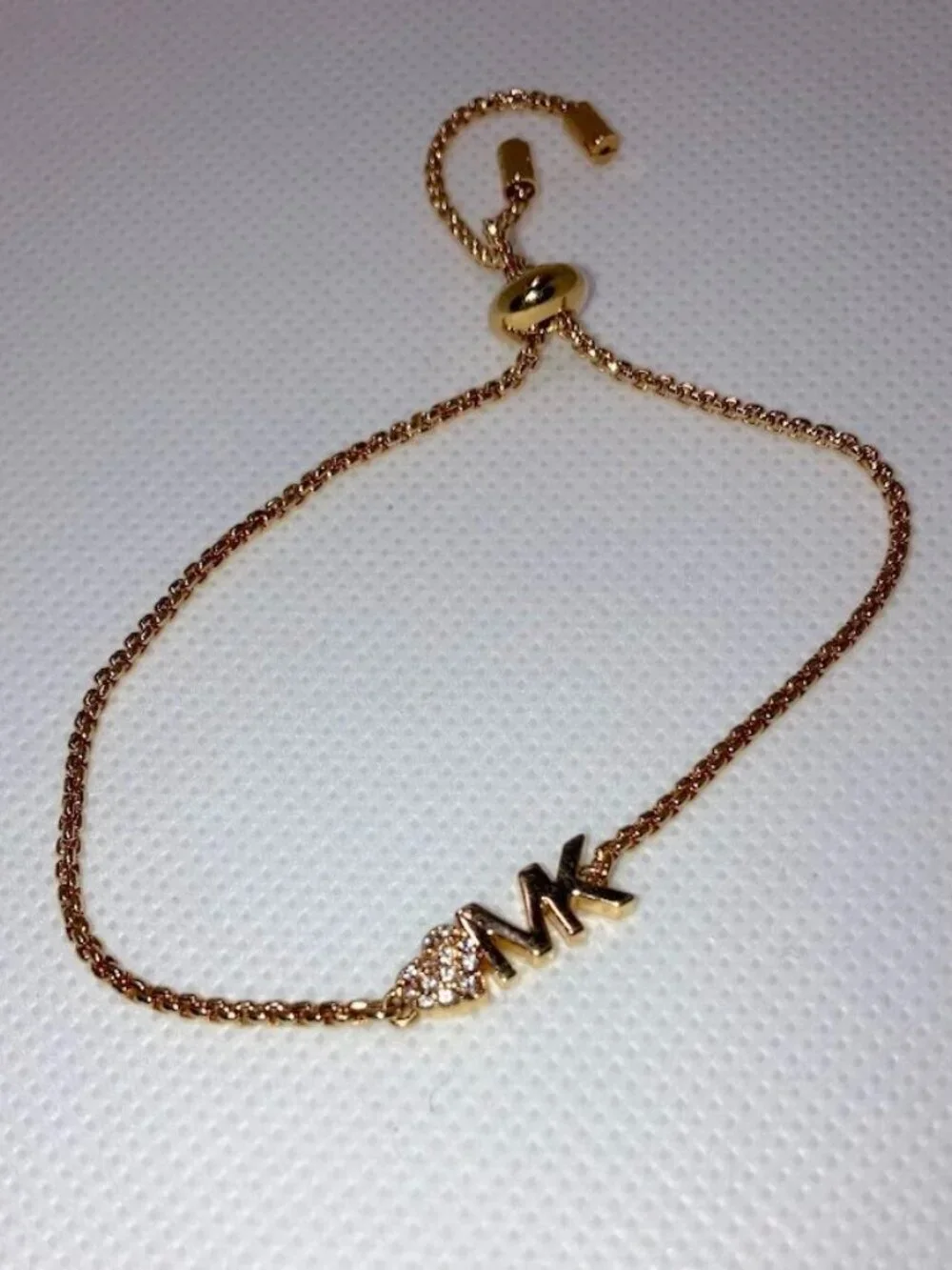 Michael Kors Gold Tone Pave Heart MK Logo Slider Bracelet Delicate Feminie Gift
